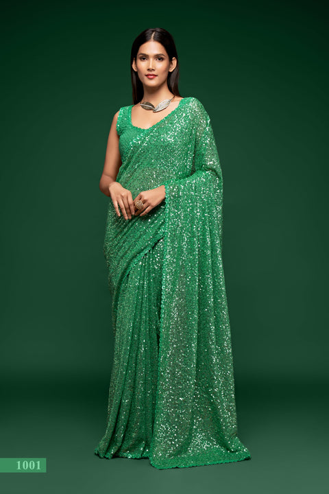 Mint green Sequins Indian saree with blouse in USA, Perfect for Indian wedding partywear sequins saree