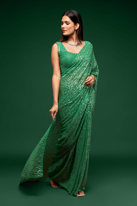 Mint green Sequins Indian saree with blouse in USA, Perfect for Indian wedding partywear sequins saree