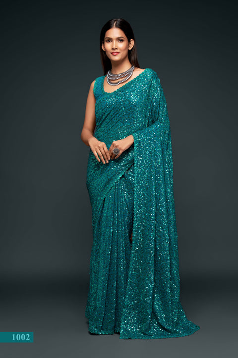 Teal Blue Sequins Indian saree with blouse in USA, Perfect for Indian wedding partywear sequins saree