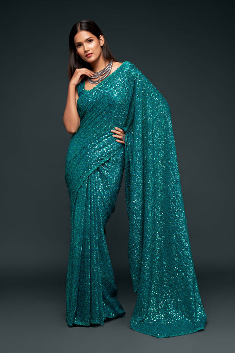 Teal Blue Sequins Indian saree with blouse in USA, Perfect for Indian wedding partywear sequins saree