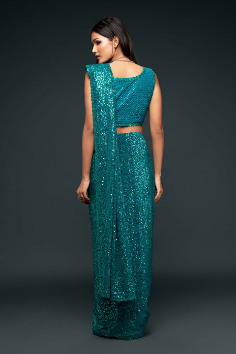 Teal Blue Sequins Indian saree with blouse in USA, Perfect for Indian wedding partywear sequins saree