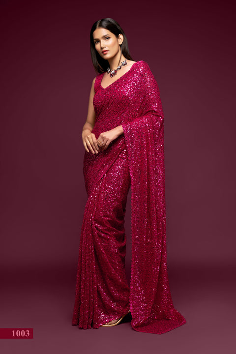 Hot Pink Sequins Indian saree with blouse in USA, Perfect for Indian wedding partywear sequins saree