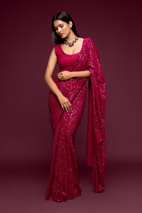 Hot Pink Sequins Indian saree with blouse in USA, Perfect for Indian wedding partywear sequins saree