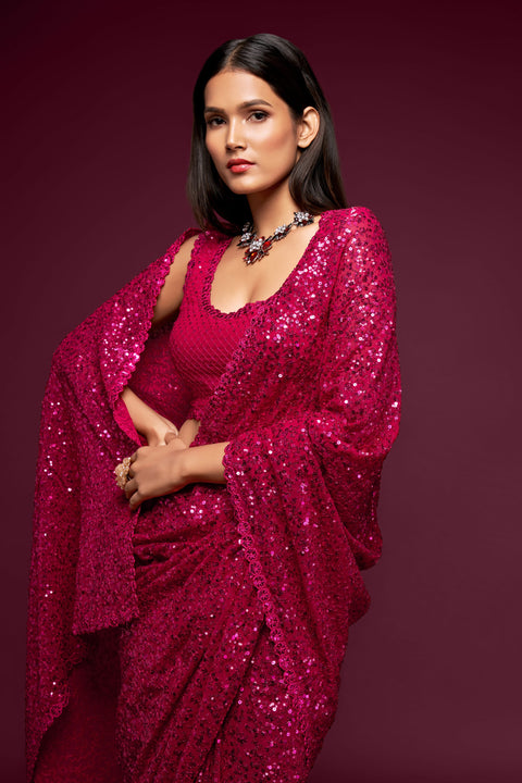 Hot Pink Sequins Indian saree with blouse in USA, Perfect for Indian wedding partywear sequins saree