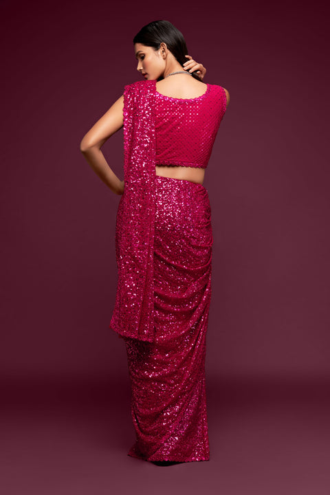 Hot Pink Sequins Indian saree with blouse in USA, Perfect for Indian wedding partywear sequins saree