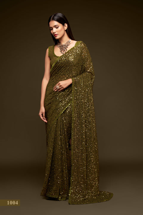 Olive Green Sequins Indian saree with blouse in USA, Perfect for Indian wedding partywear sequins saree