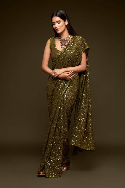 Olive Green Sequins Indian saree with blouse in USA, Perfect for Indian wedding partywear sequins saree