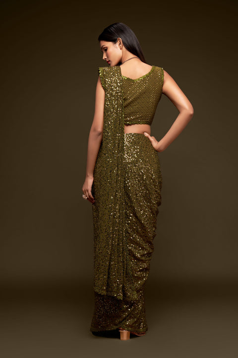 Olive Green Sequins Indian saree with blouse in USA, Perfect for Indian wedding partywear sequins saree