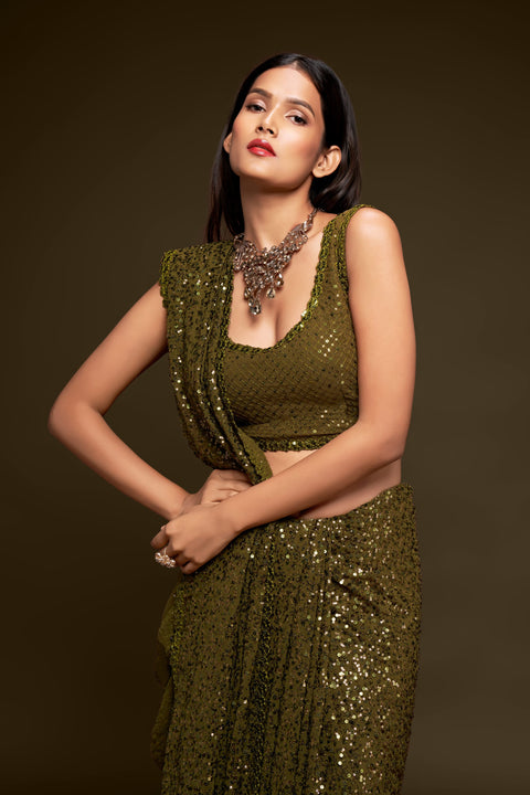 Olive Green Sequins Indian saree with blouse in USA, Perfect for Indian wedding partywear sequins saree