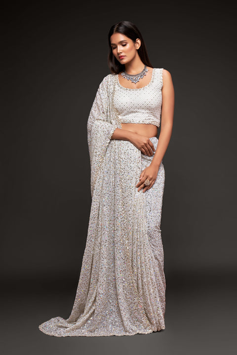 Pearl White Sequins Indian saree with blouse in USA, Perfect for Indian wedding partywear sequins saree