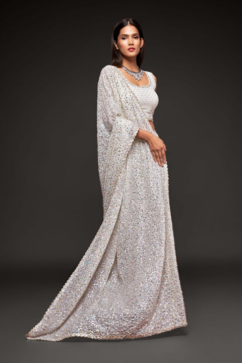 Pearl White Sequins Indian saree with blouse in USA, Perfect for Indian wedding partywear sequins saree