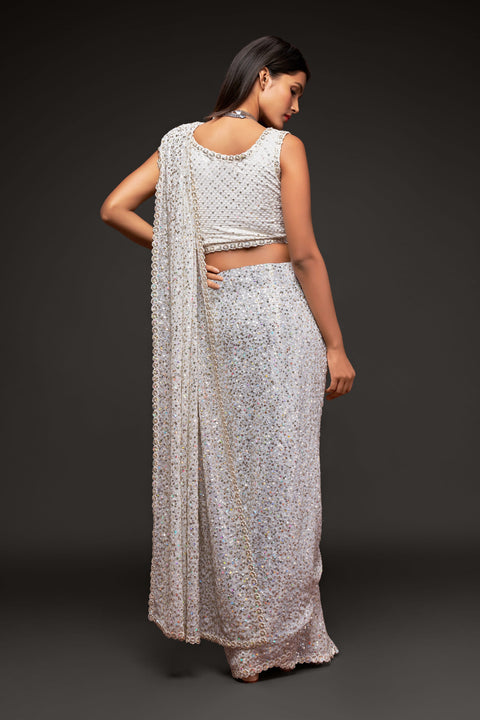 Pearl White Sequins Indian saree with blouse in USA, Perfect for Indian wedding partywear sequins saree