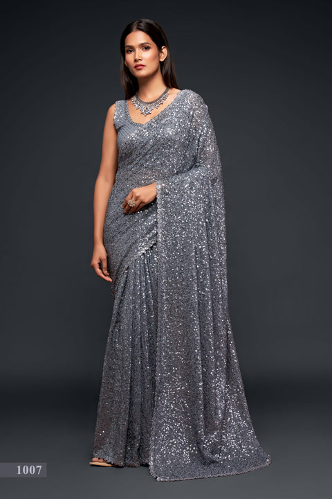 Slate Gray Sequins Indian saree with blouse in USA, Perfect for Indian wedding partywear sequins saree