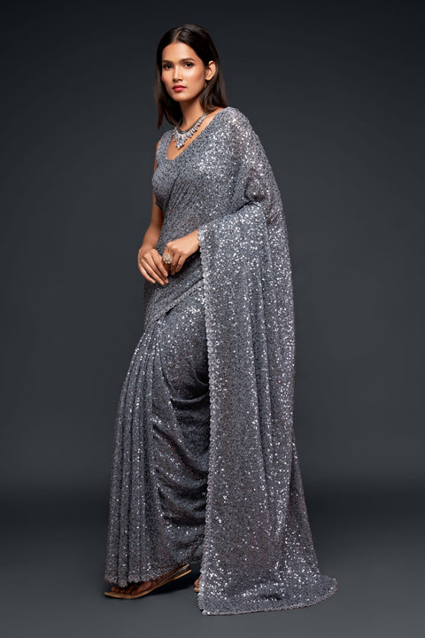 Slate Gray Sequins Indian saree with blouse in USA, Perfect for Indian wedding partywear sequins saree