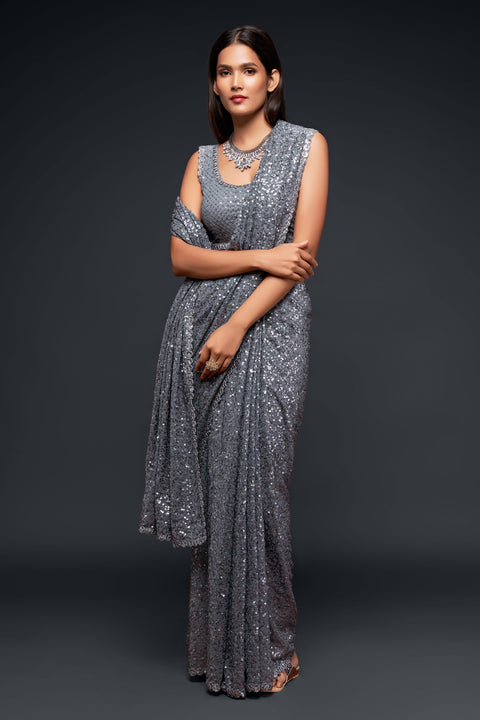 Slate Gray Sequins Indian saree with blouse in USA, Perfect for Indian wedding partywear sequins saree