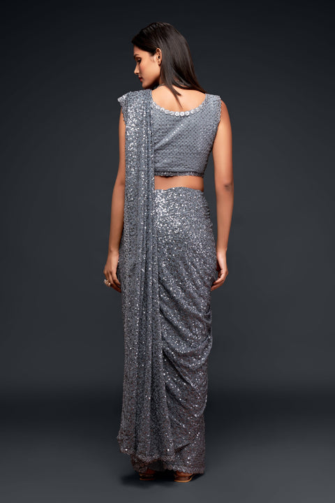 Slate Gray Sequins Indian saree with blouse in USA, Perfect for Indian wedding partywear sequins saree