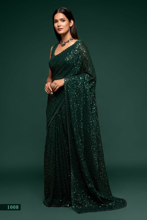 Deep Green Sequins Indian saree with blouse in USA, Perfect for Indian wedding partywear sequins saree