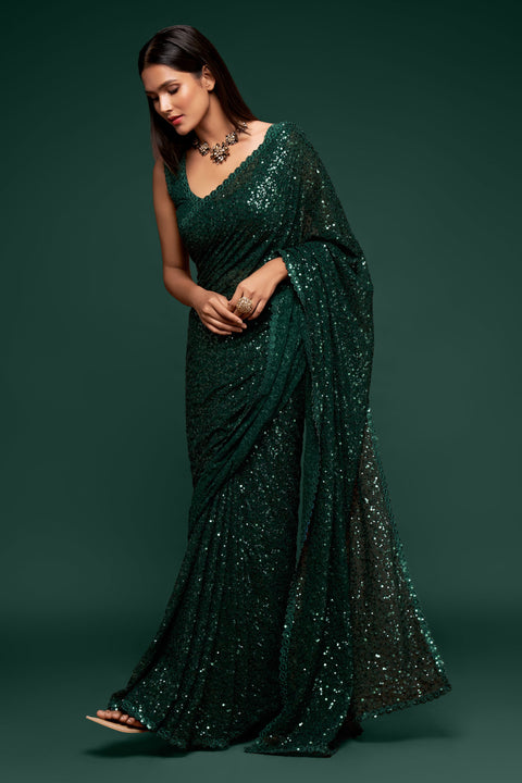 Deep Green Sequins Indian saree with blouse in USA, Perfect for Indian wedding partywear sequins saree