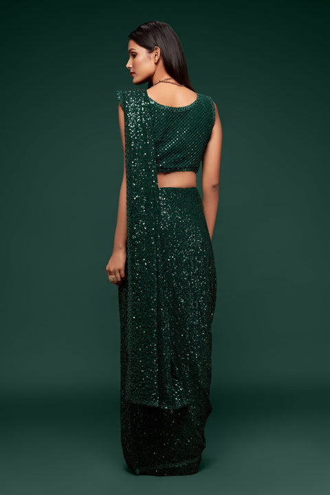 Deep Green Sequins Indian saree with blouse in USA, Perfect for Indian wedding partywear sequins saree