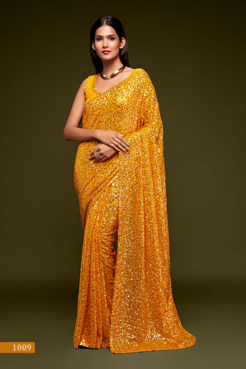 Honey Yellow Sequins Indian saree with blouse in USA, Perfect for Indian wedding partywear sequins saree