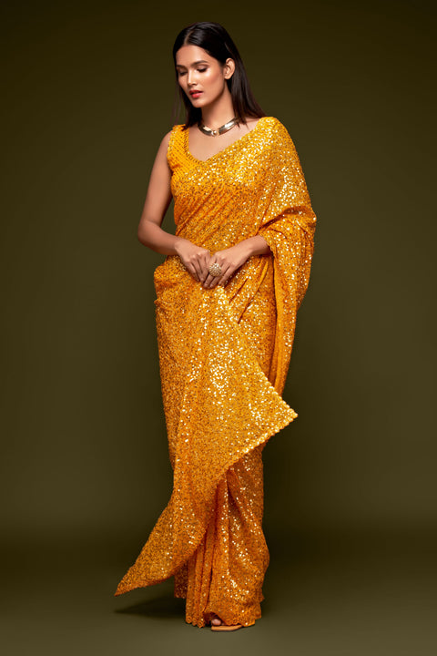 Honey Yellow Sequins Indian saree with blouse in USA, Perfect for Indian wedding partywear sequins saree