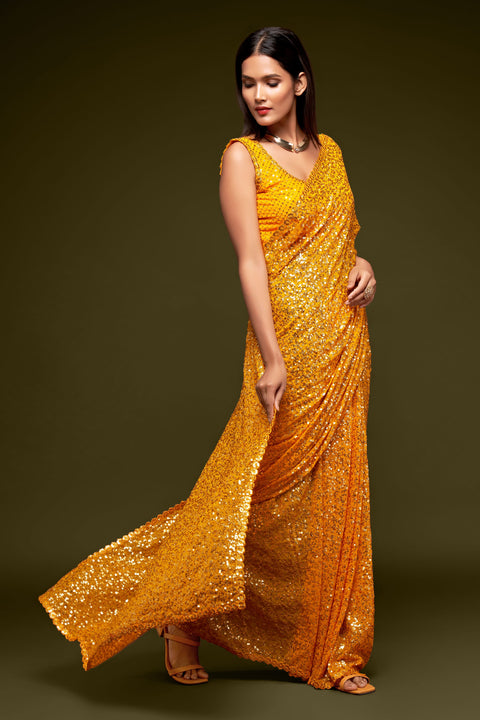 Honey Yellow Sequins Indian saree with blouse in USA, Perfect for Indian wedding partywear sequins saree