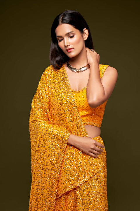 Honey Yellow Sequins Indian saree with blouse in USA, Perfect for Indian wedding partywear sequins saree