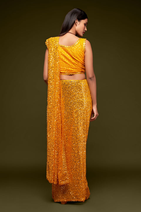 Honey Yellow Sequins Indian saree with blouse in USA, Perfect for Indian wedding partywear sequins saree