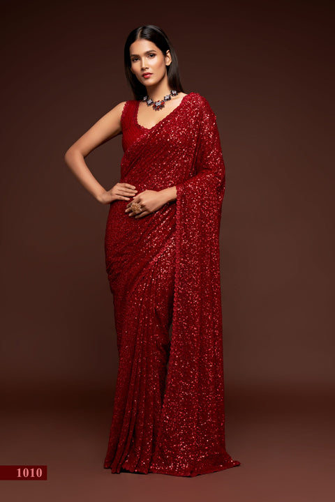 Ruby Red Sequins Indian saree with blouse in USA, Perfect for Indian wedding partywear sequins saree