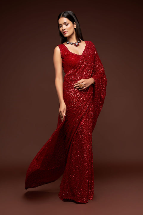 Ruby Red Sequins Indian saree with blouse in USA, Perfect for Indian wedding partywear sequins saree