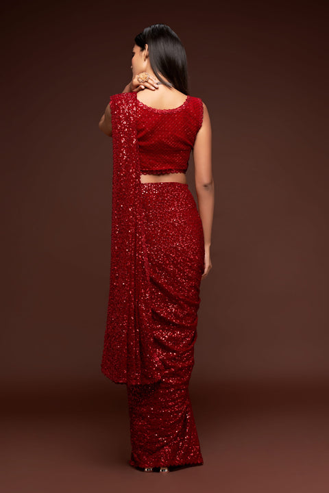 Ruby Red Sequins Indian saree with blouse in USA, Perfect for Indian wedding partywear sequins saree