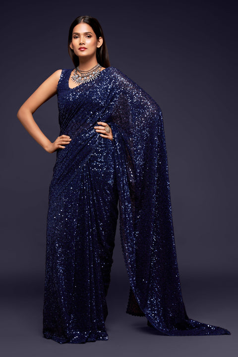 Blush Blue Sequins Indian saree with blouse in USA, Perfect for Indian wedding partywear sequins saree