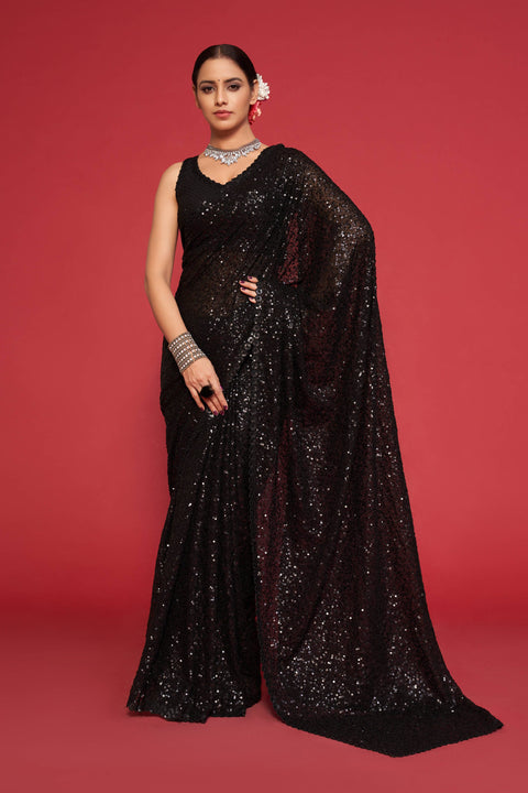 Black Sequins Indian saree with blouse in USA, Perfect for Indian wedding partywear sequins saree