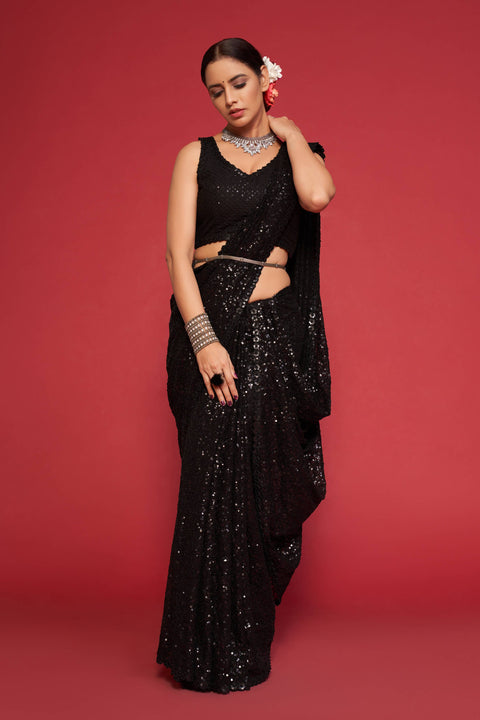 Black Sequins Indian saree with blouse in USA, Perfect for Indian wedding partywear sequins saree