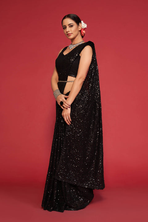 Black Sequins Indian saree with blouse in USA, Perfect for Indian wedding partywear sequins saree