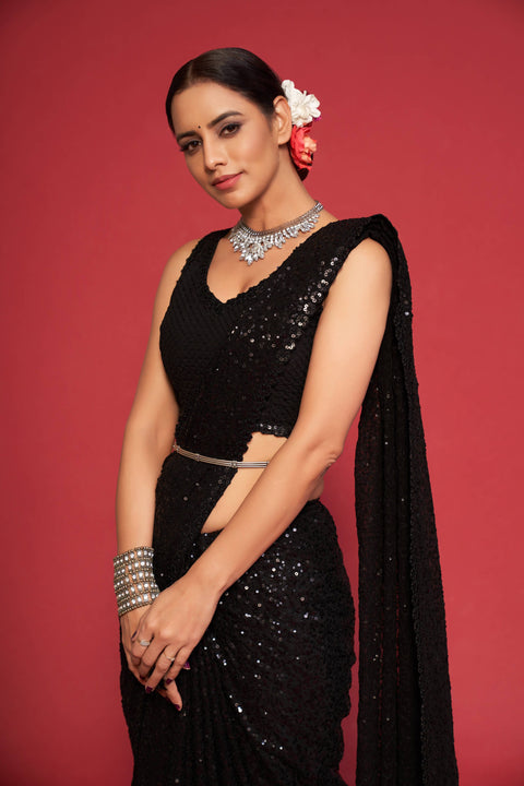 Black Sequins Indian saree with blouse in USA, Perfect for Indian wedding partywear sequins saree