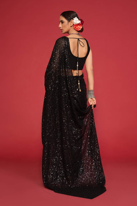 Black Sequins Indian saree with blouse in USA, Perfect for Indian wedding partywear sequins saree