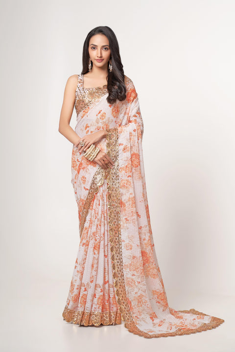 White Heavy Floral printed sequins embroidered Indian saree with four side heavy embroidered lace border