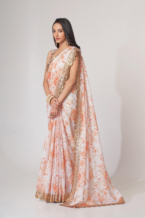 White Heavy Floral printed sequins embroidered Indian saree with four side heavy embroidered lace border