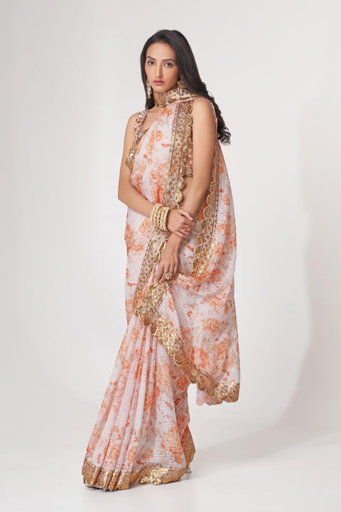 White Heavy Floral printed sequins embroidered Indian saree with four side heavy embroidered lace border