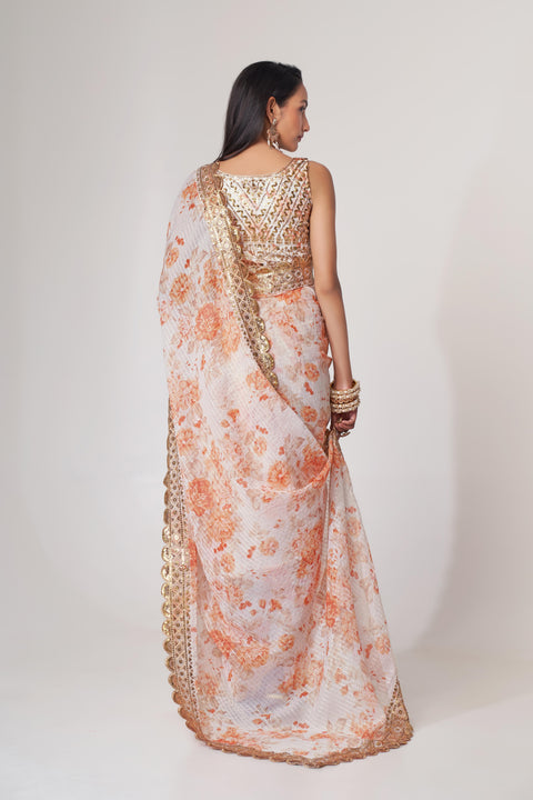 White Heavy Floral printed sequins embroidered Indian saree with four side heavy embroidered lace border