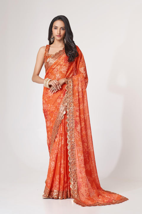 Orange Heavy Floral printed sequins embroidered Indian saree with four side heavy embroidered lace border