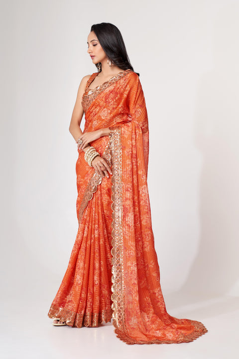 Orange Heavy Floral printed sequins embroidered Indian saree with four side heavy embroidered lace border