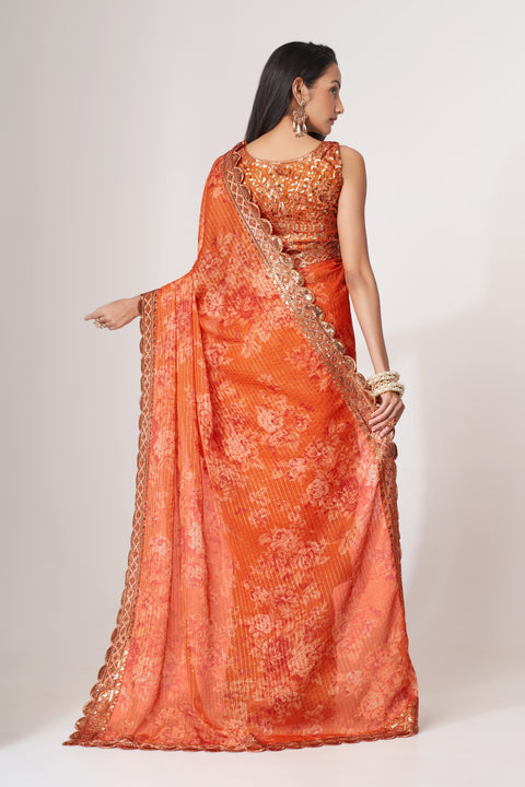 Orange Heavy Floral printed sequins embroidered Indian saree with four side heavy embroidered lace border