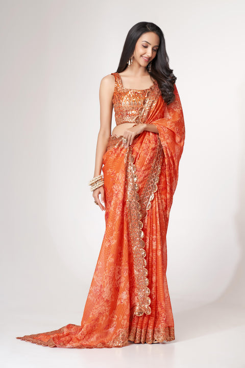 Orange Heavy Floral printed sequins embroidered Indian saree with four side heavy embroidered lace border