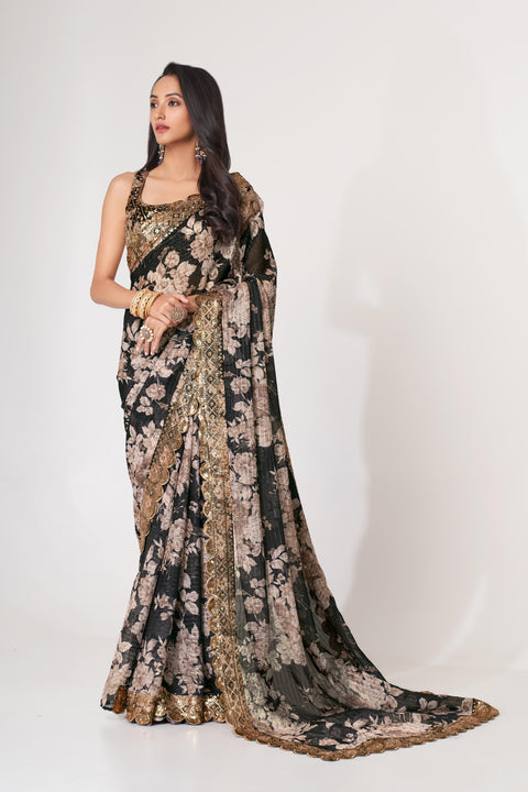 Black Heavy Floral printed sequins embroidered Indian saree with four side heavy embroidered lace border