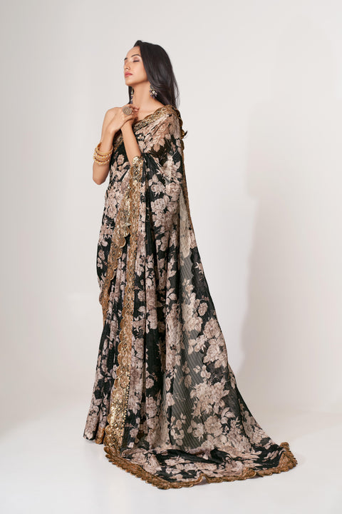 Black Heavy Floral printed sequins embroidered Indian saree with four side heavy embroidered lace border