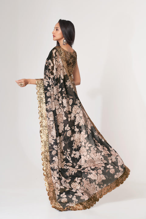 Black Heavy Floral printed sequins embroidered Indian saree with four side heavy embroidered lace border