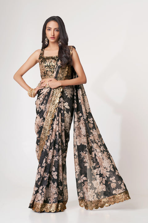 Black Heavy Floral printed sequins embroidered Indian saree with four side heavy embroidered lace border