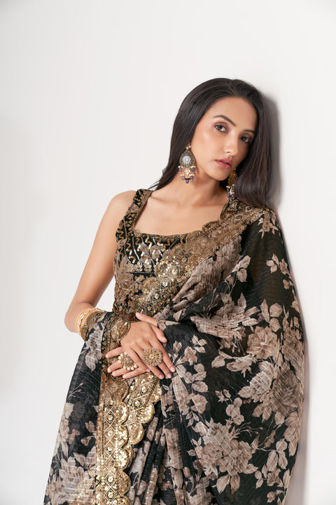 Black Heavy Floral printed sequins embroidered Indian saree with four side heavy embroidered lace border